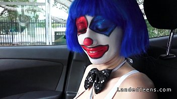 Teen in clown costume banging outdoor to cumshot